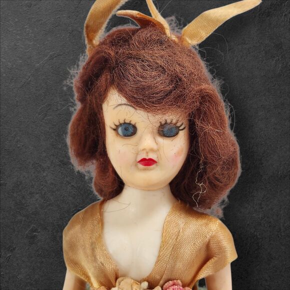 Vintage 1950s Hard Plastic Bridesmaid Doll 8” Sleepy Eyes Tulle Dress Green Gold - Picture 3 of 9